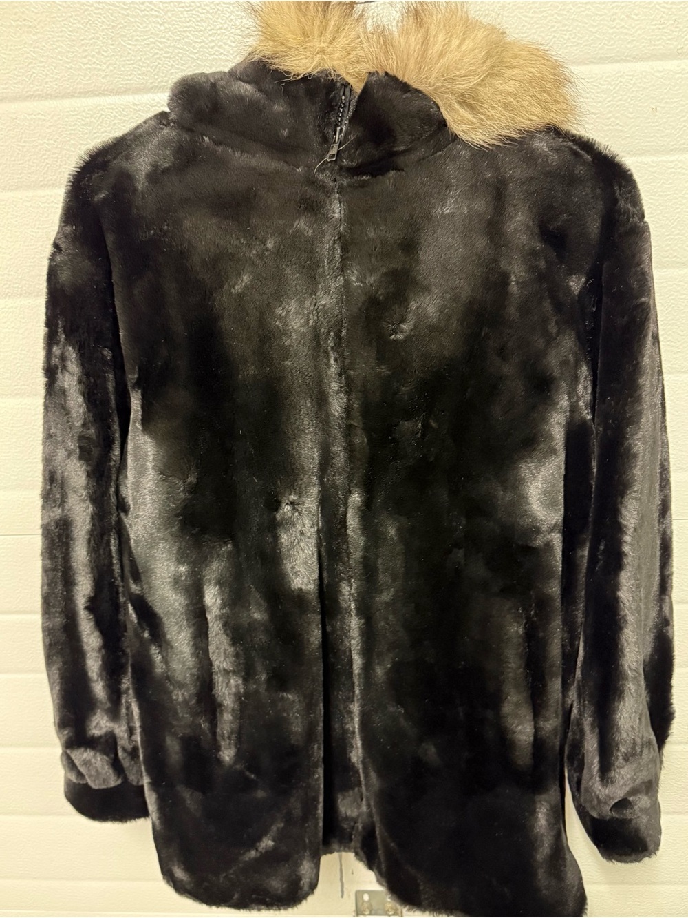 Marvin Richards Black Faux Fur Peacoat with Tan Fur Collar